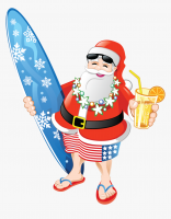 a santa with a surfboard 